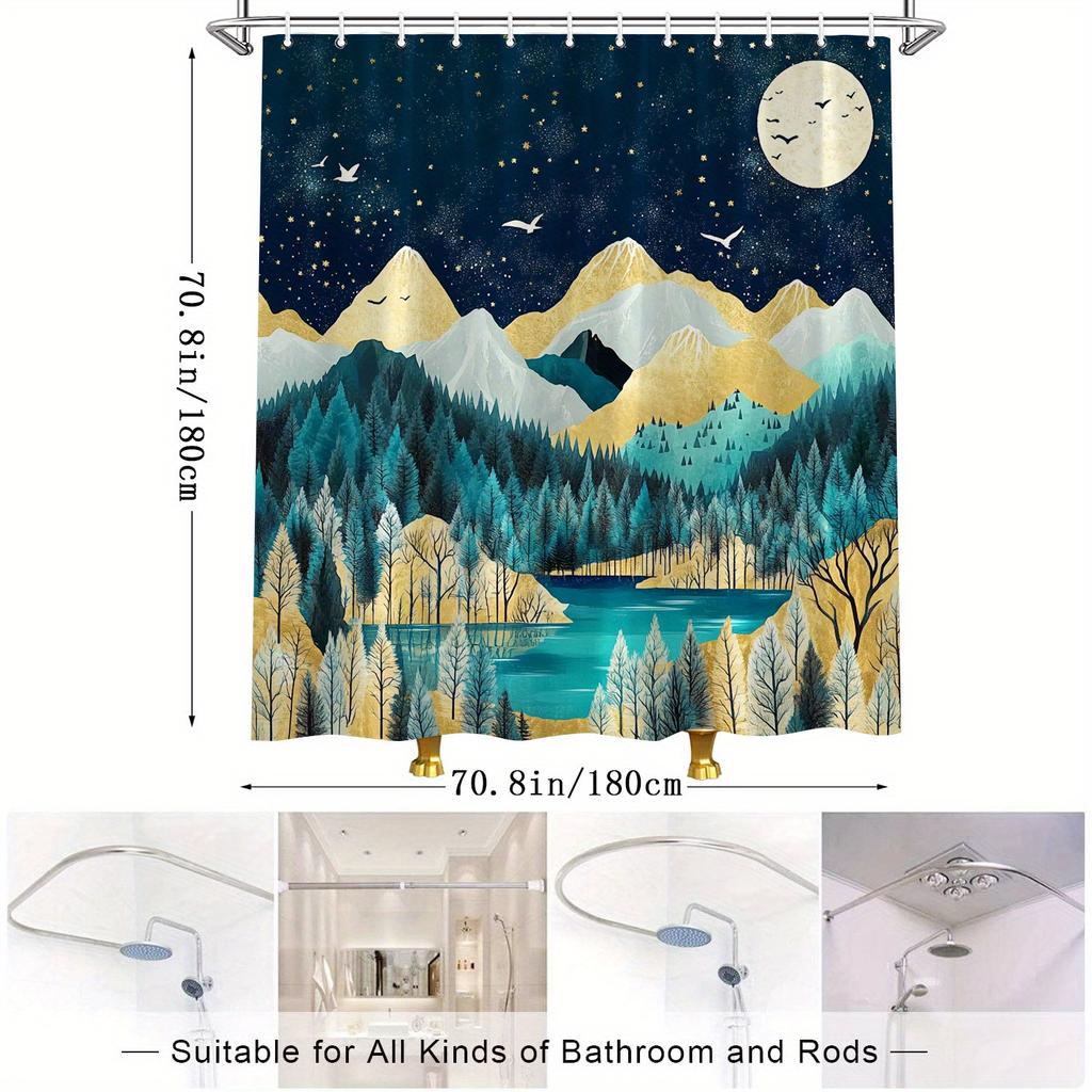 1pc Starry Mountain Landscape Shower Curtain - Golden Peaks & Teal Lake, Moonlit Night Design, Polyester, Stylish Bathroom Decor