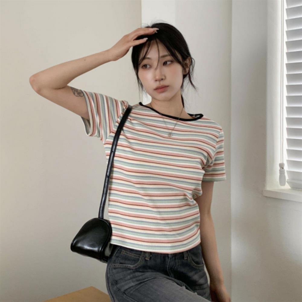 New Arrivals Open Run Women Color Block STripe ShorT Sleeve T shirT Regular fiT