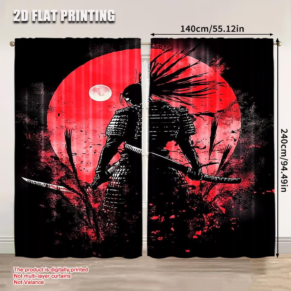 2Pcs Anime Samurai Curtain Cool Japanese Black And Red Art Curtain For Bedroom Asian Chinese Red Sun Curtain For College Dorm