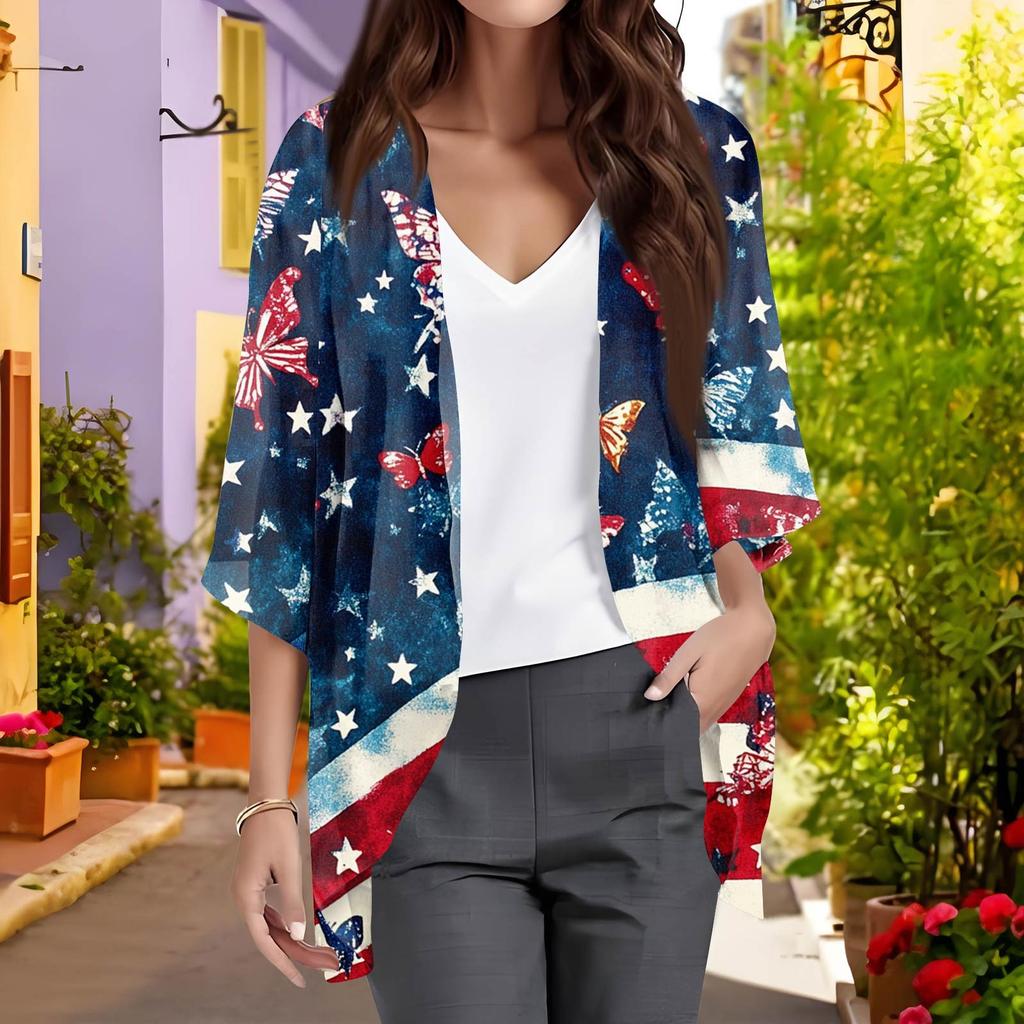Ladies Fashion Loose Casual Print Beach Holiday   Sleeve Chiffon Cardigan