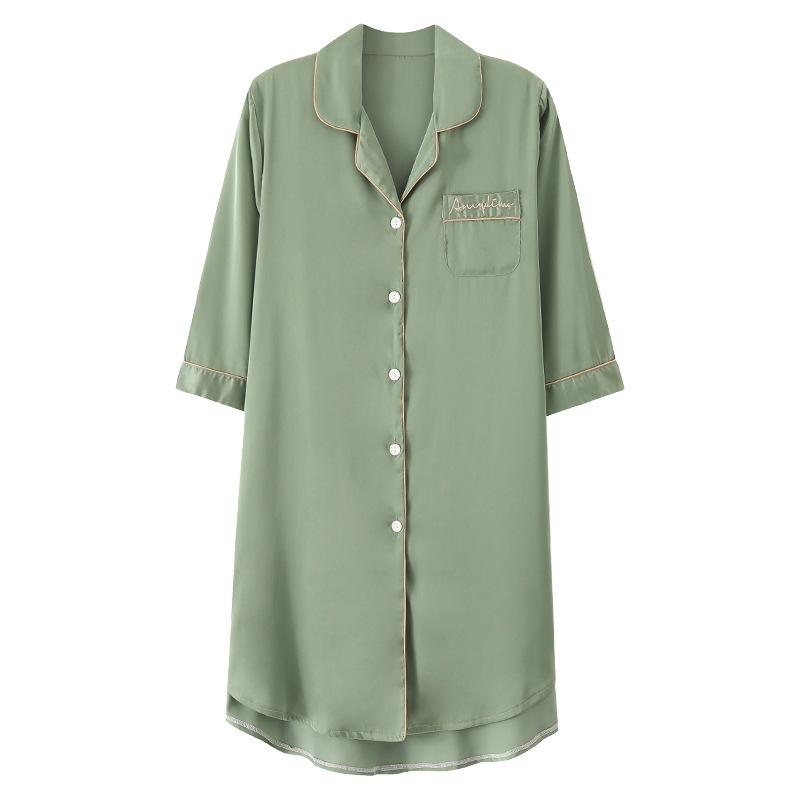 Pajamas Women's Pajamas Summer Silk Ice Silk Seven-Sleeve Cardigan Shirt Medium and Long Sexy Advanced Simulation Silk