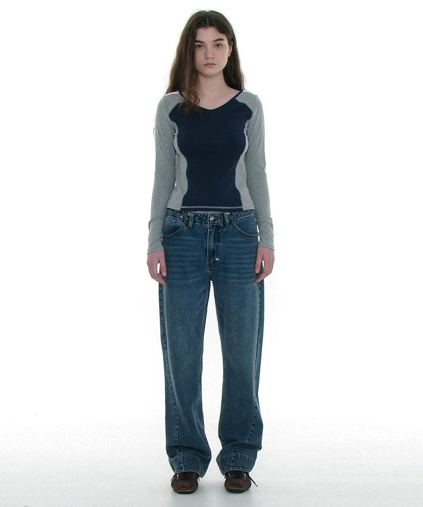 PARTIMENTO WOMEN Cut-Out V-Neck Colorblock Long Sleeve Tee_Navy