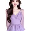 2026 Spring Women's Purple Hepburn-Style Floral Dress with Waist-Cinching Design