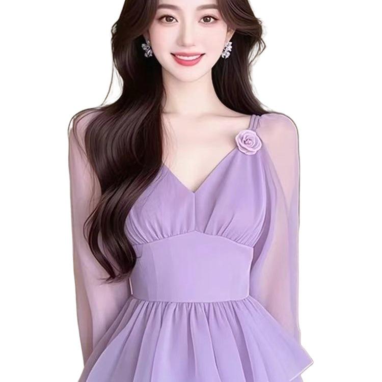 2026 Spring Women's Purple Hepburn-Style Floral Dress with Waist-Cinching Design