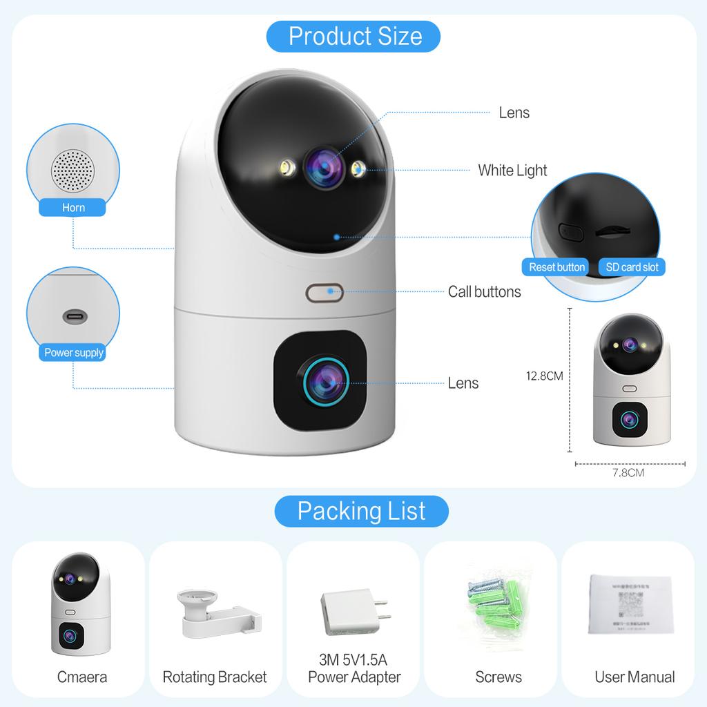 1pc Ultra HD Camera 5G WiFi Dual Lens Camera, Home Security Surveillance, Colour Night Auto Tracking Video Surveillance