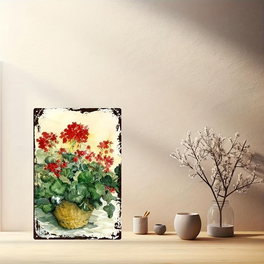 2D Flat, 1 Hand-Painted Iron Wall Decor - Vibrant Red Geraniums and Green Vines in a Rustic Tin Pot, 20x30cm/8x12in