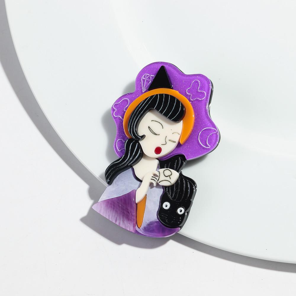 New Cute Coffee Girl Cat Acrylic Brooches for Women Cartoon Hat Lady Figure Badges Pins Female Office Jewelry Accessories Gifts