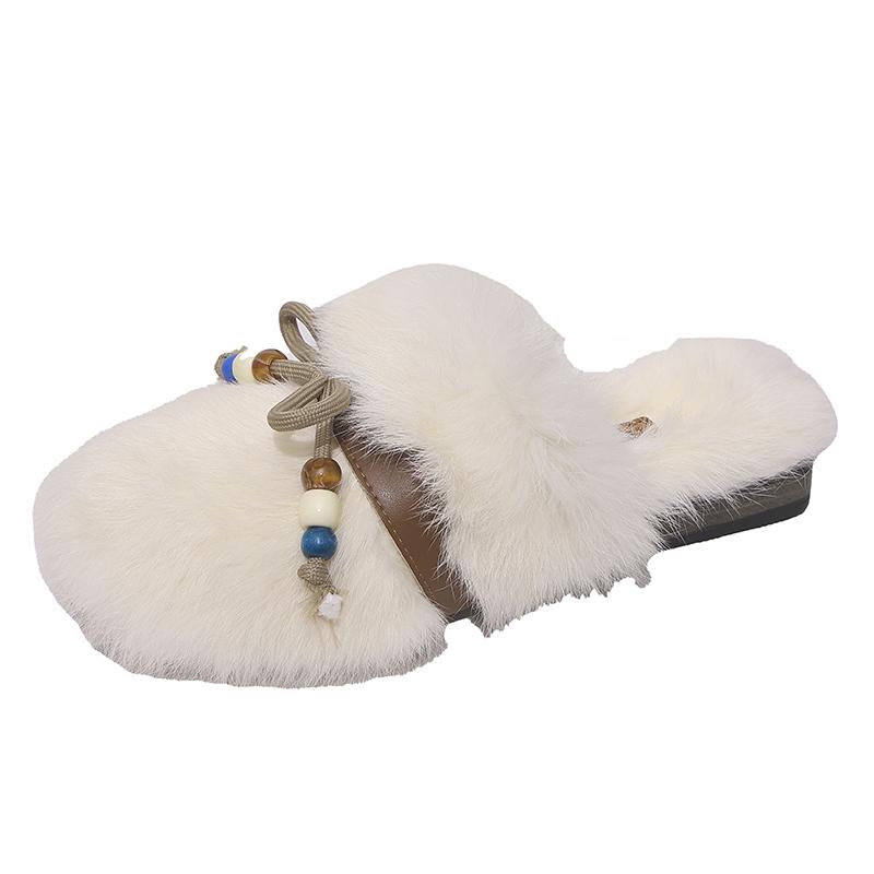 Fashion Winter Women's Fashion Outdoor Non-slip Fur Slippers Cute Style Bow Decoration Flat Bottom Comfortable Baotou Slippers Shoes