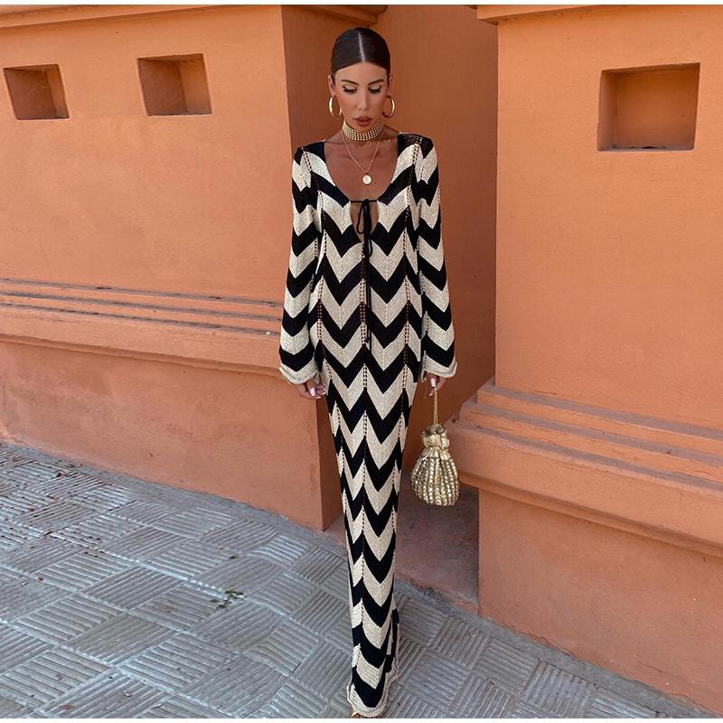 

Вязаное полосатое макси-женское платье с рюшами по подолу и v-образным вырезом на шнуровке с длинными рукавами, летний женский пляжный халат S