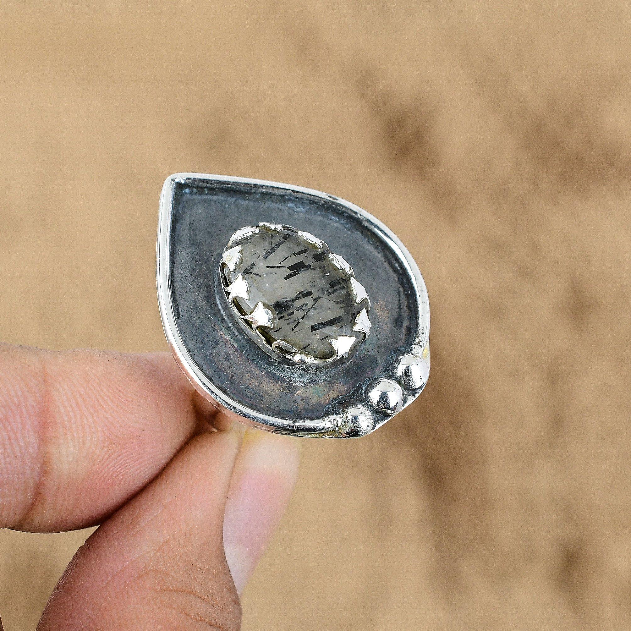 

Mothers day Deal Natural Black Rutile Sterling Silver Multi Stone Ring Jewelry Yes