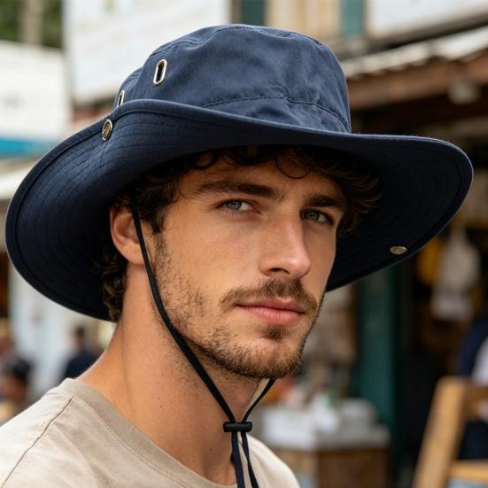 Chapeau de cowboy western UPF 50+ Respirant Ventilé Protection Solaire Large Bord Chapeau seau avec Cordon coupe-vent réglable Randonnée Camping Plein air Pêcheur