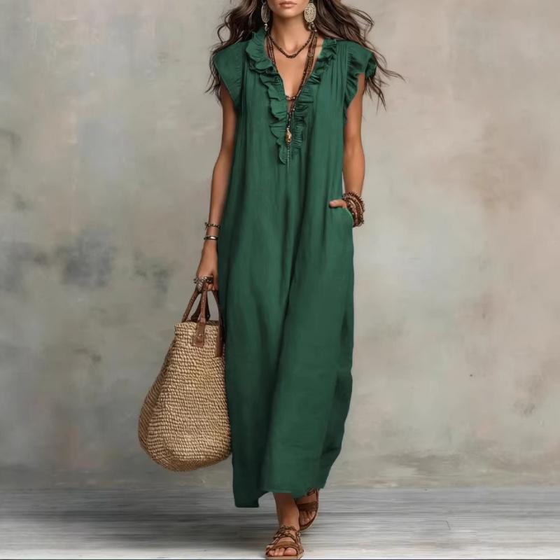 2026 Spring/Summer New Bohemian Style Long Dress for Women with Flutter Sleeves, Casual Solid Color Long Dress