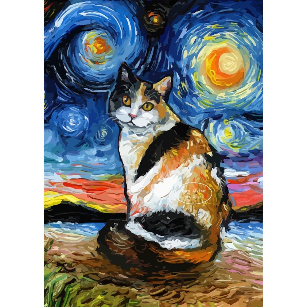 5D Diy Diamond Painting Cross Stitch Embroidery Mosaic Funny Black Cat Flower Van Gogh The Starry Night Full Round Drill Home Decor Wall Art Gift