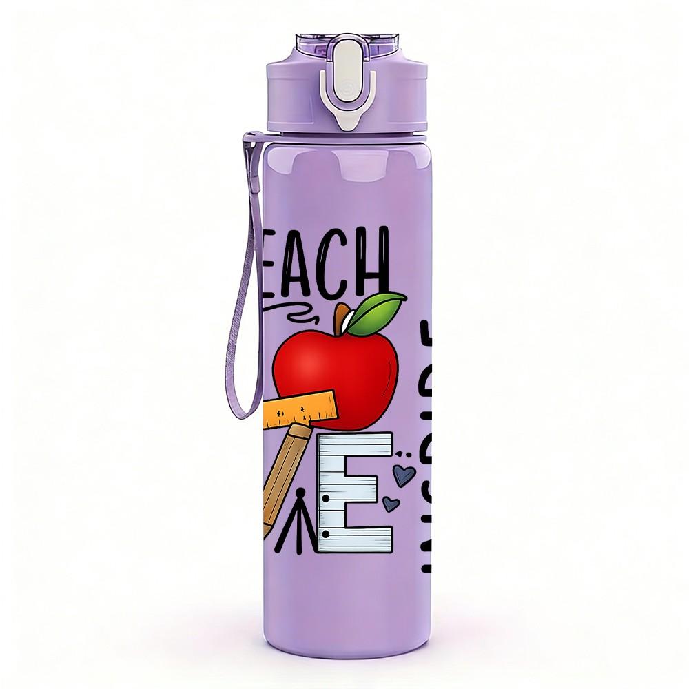 1PC Teach Love Inspire Letter Art 750ml Color Plastic Sports Water Bottle Leakproof Flip Straw Lid Suitable for Sports Office Home Use