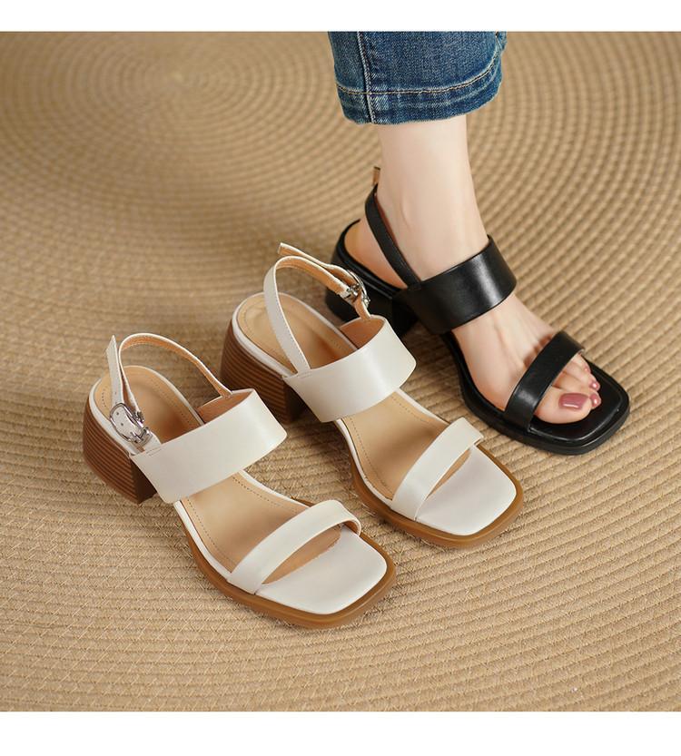 5Cm thick heel leather sandals women's summer new retro word with square head open toe middle heel soft-soled slippers women
