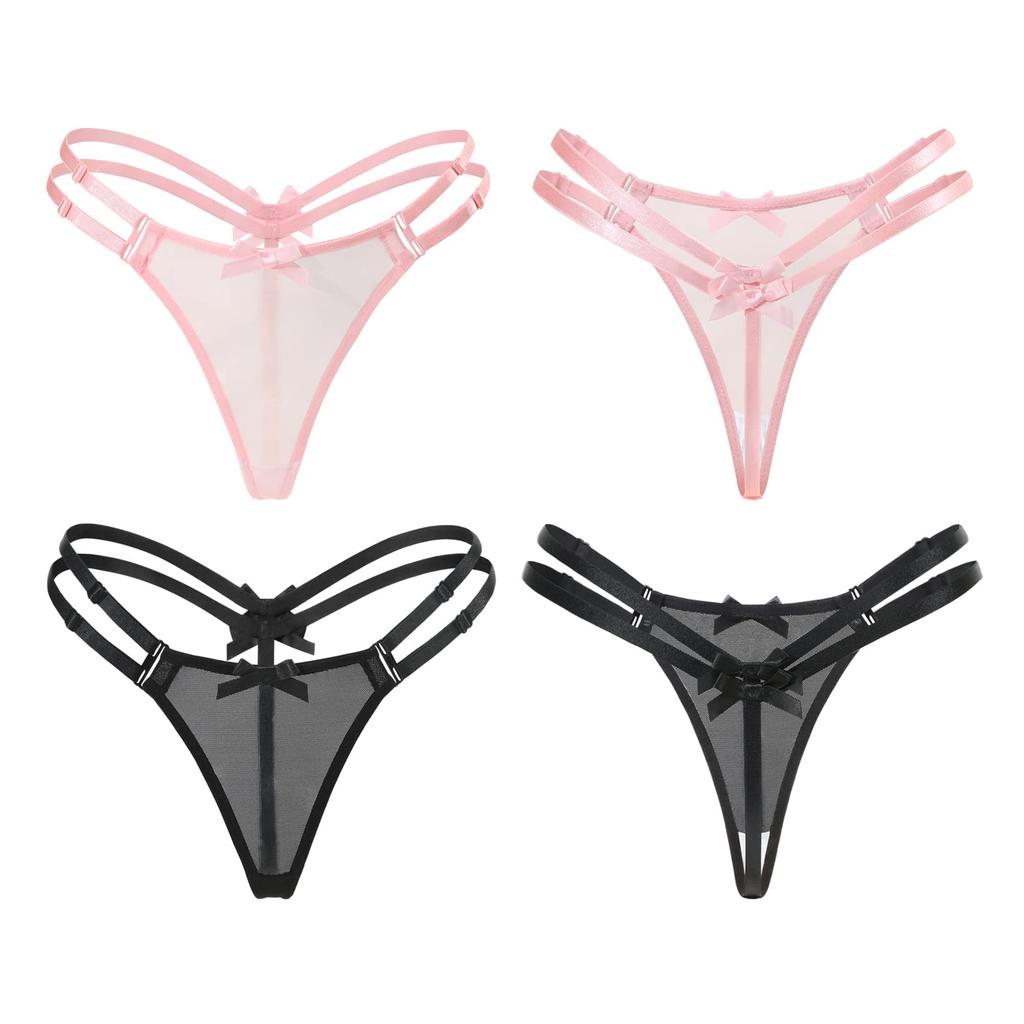 [LittleForBig] Women's Mesh Lingerie Double Strap Ribbon T-Back Thongs, 2-Pack, Size XL