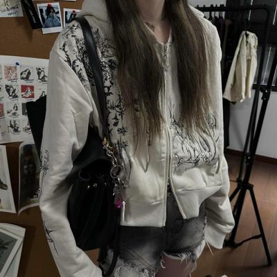 2KWEIRD Höst Y2k Estetisk Croppad Hoodie Dam Casual Tryck Dubbla Dragkedjor Harajuku Punk Sweatshirt Gotisk Fairy Grunge Jackor