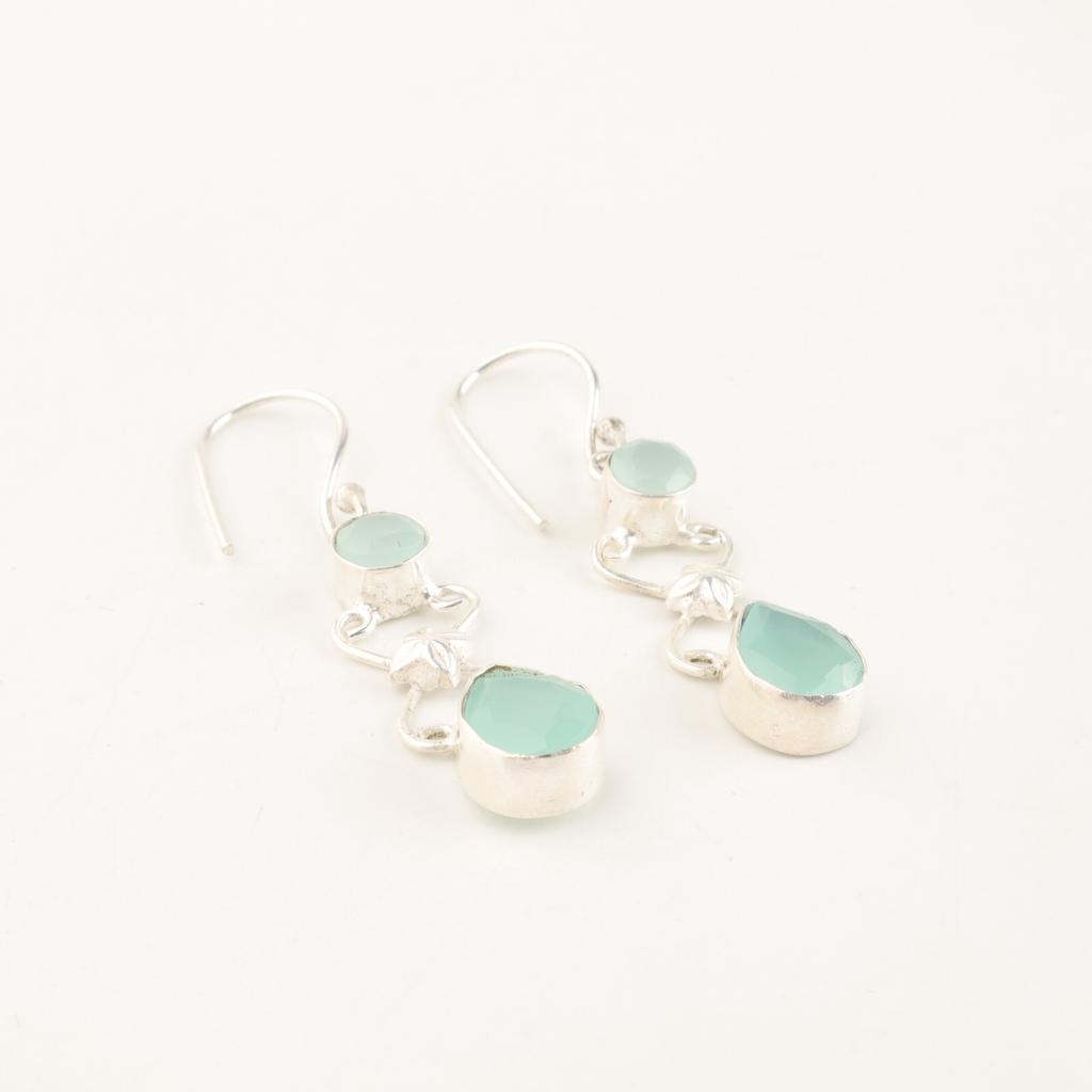 Natural Aqua Chalcedony Gemstone 925 Stamped Silver Jewelry Handmade Earrings 2" EE-156-14