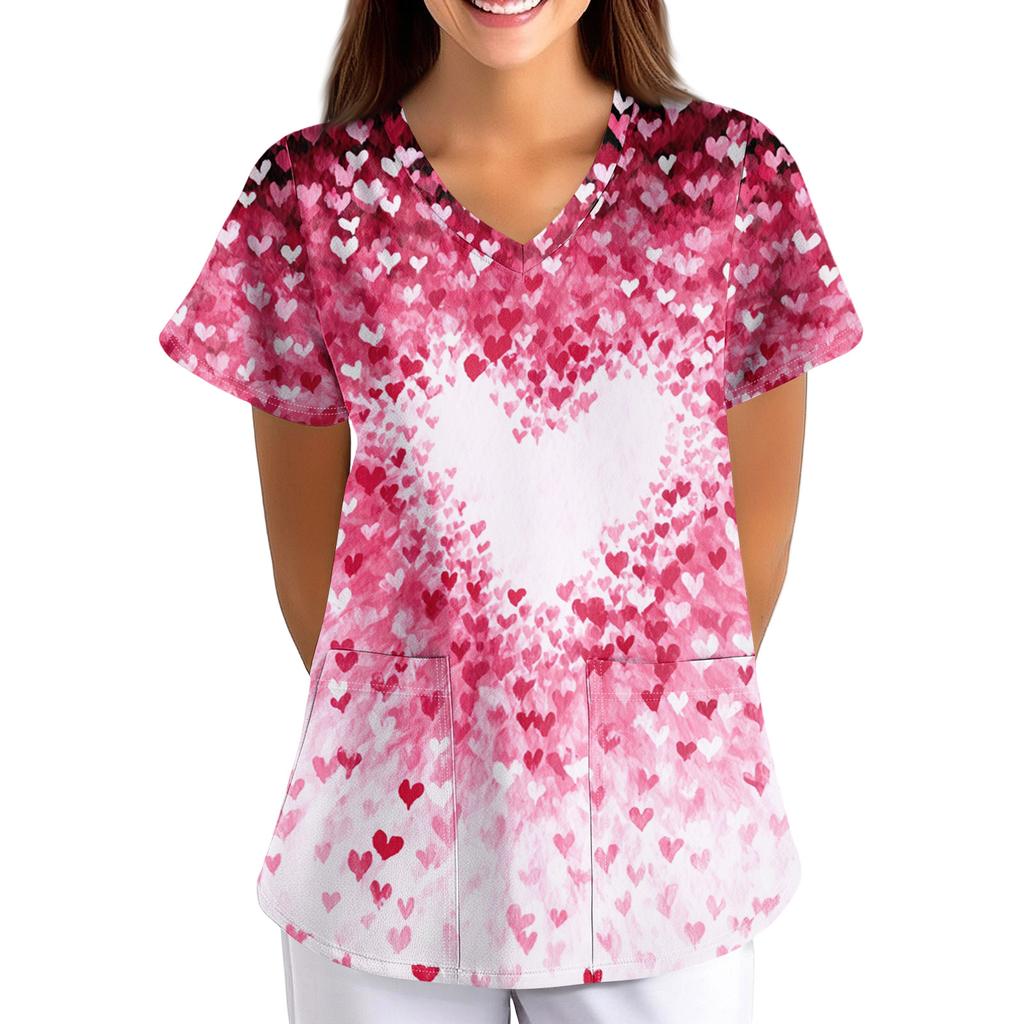 Plus SizePrinted Scrub Working Uniform Tops For Women's Cross V-Neck Print Short Sleeve Fun T-Shirts Workwear Tee With Pockets