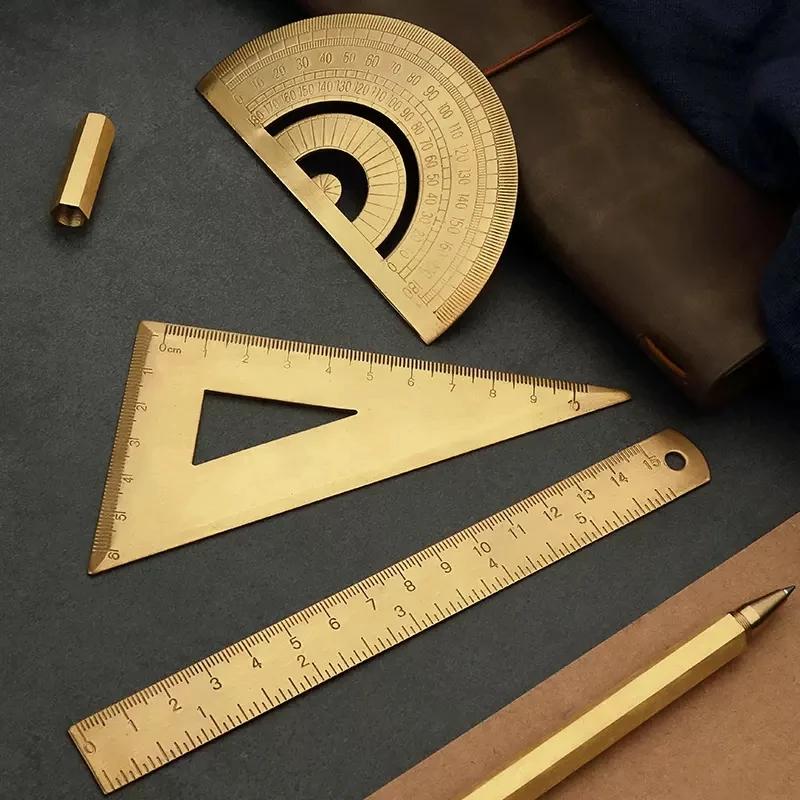 Metal Brass Straight Ruler Vintage Triangle Protractor Measuring Tool Kawaii Painting Drafting Supplies Korean Stationery Office