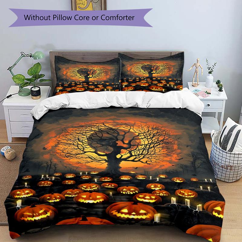 3pc Halloween Pumpkins Cover Set - 1 Quilt Cover + 2 Pillowcases, All Seasons Bedroom Setting, Perfect for Home023