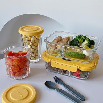 High Borosilicate Glass Lunch Box,Two/Three Compartments Lunch Box with Cutlery, Fruit Storage Jar, Microwavable Crisper