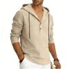 Men’s Casual Linen Hooded Top, Long-sleeved Half-Button-Up Henley Shirt, Spring/Autumn Breathable Beach Top