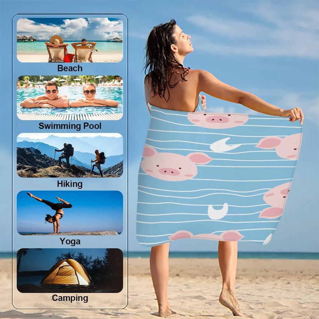 Pink Pigs Large Beach Towel Microfiber Beach Towels for Adults Quick Dry Pool Towel Travel Compact Bath Towel Sandproof Beach