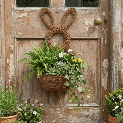 Hand Woven Easter Bunny Basket Natural Willow Handmade Easter Wall Pocket Gift Holder Cute Rabbit Plant Hanging Basket