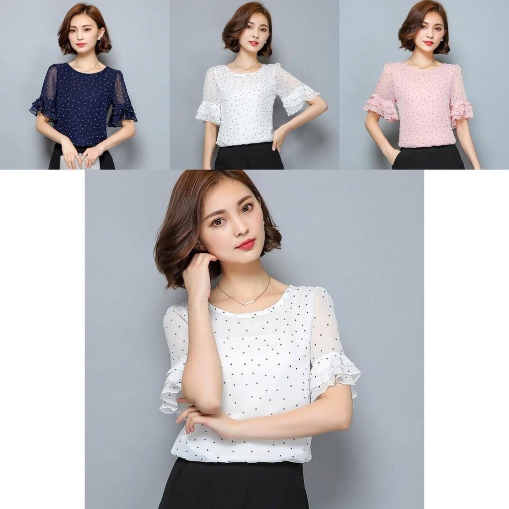 Summer Women Polka Dot Print Short Trumpet Sleeve Tops Stylish Casual Shirt