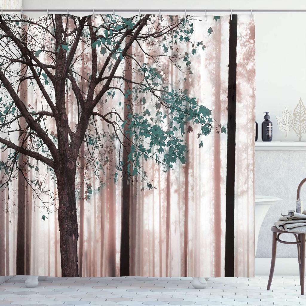 Autumn Shower Curtain,Fall Season Theme Forest Tree Leaves on An Abstract Woodland Background Bathroom Curtains with Hooks