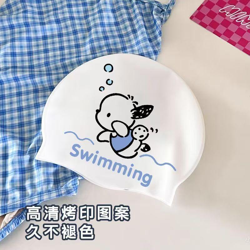 Cute Cartoon Silicone Swim Cap For Women Large Waterproof Chlorine Resistant Long Hair Non Slip Comfortable Adult Swimming Hat