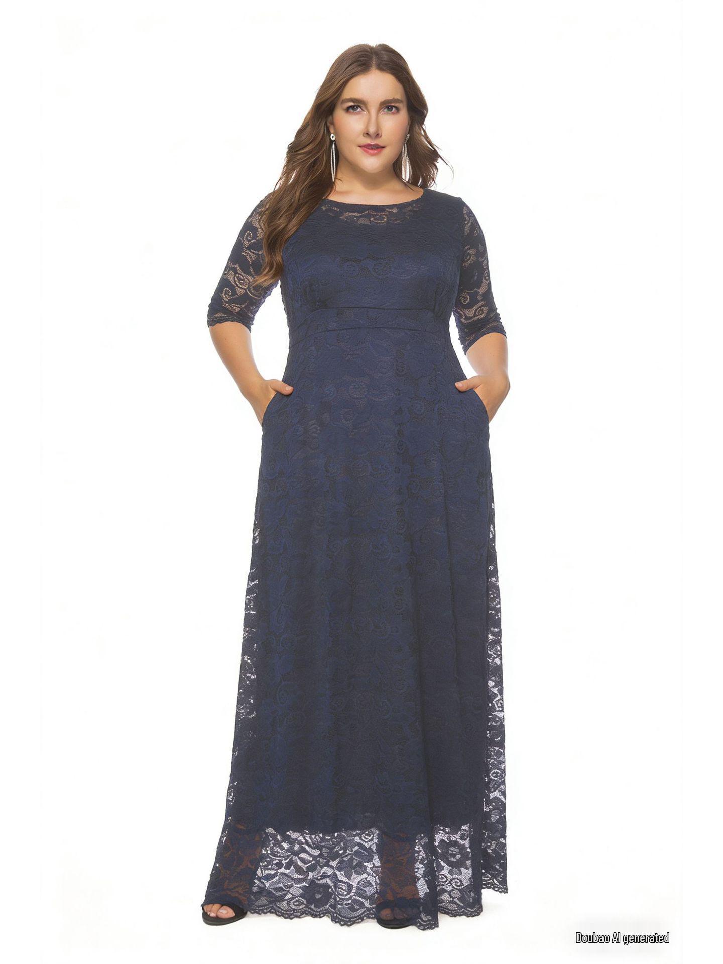 

Жіноча осіння вечірня довга сукня великого розміру з мереживом та кишенями 1XL темно-синього кольору