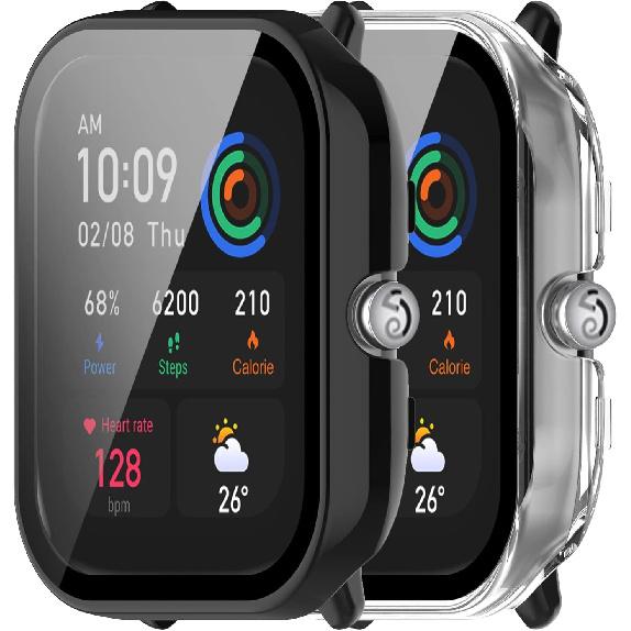 E ECSEM 2-Pack Compatible for Amazfit GTS 4 Mini Screen Protector Cover, Tempered Glass Screen + All-Round PC Matte Protector Case Set for Amazfit