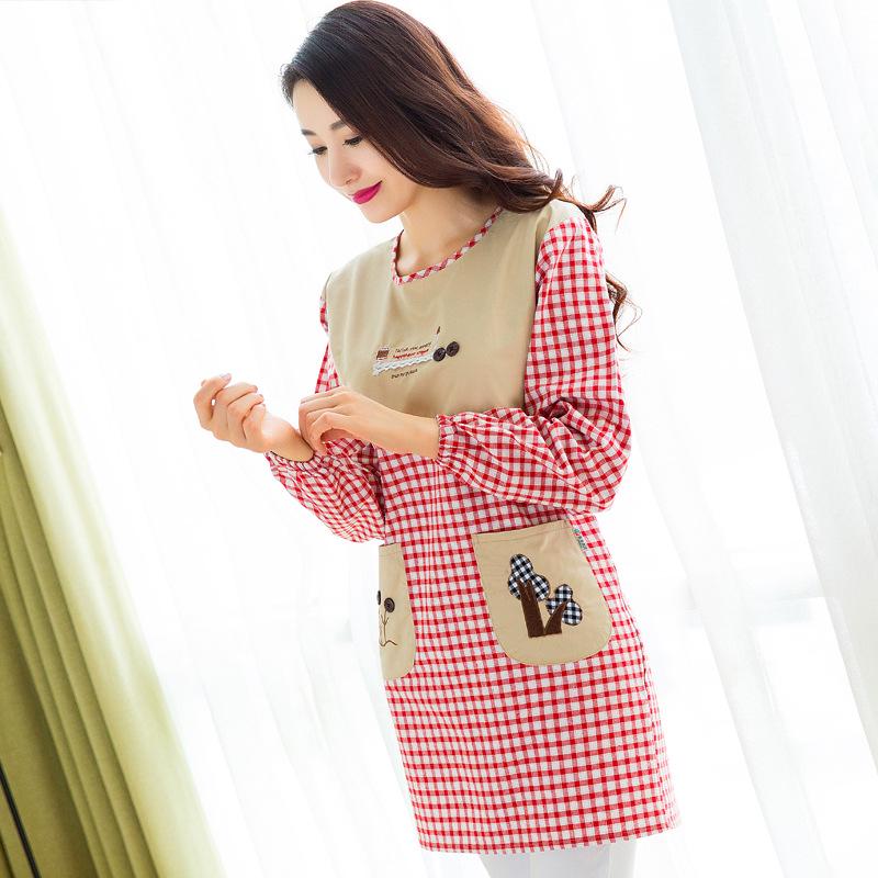 Long Sleeve Pure Cotton Apron for Home & Cafe Use Double Shoulder Strap
