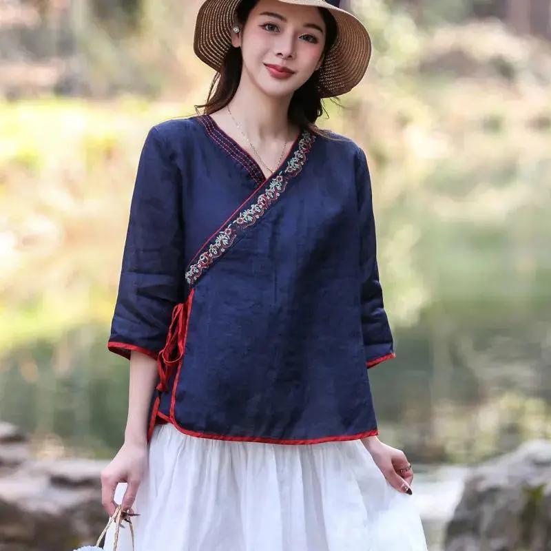Women's Summer Embroidery Sunscreen Ethnic Small Shirt Vintage Tie Loose V-Neck Tops