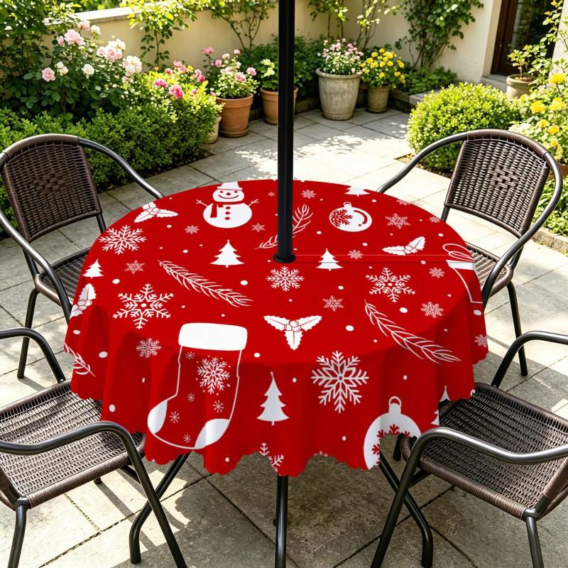 Outdoor Christmas Tablecloth Round Waterproof Oil-Resistant Patio Table Cover Garden Deck Umbrella Hole
