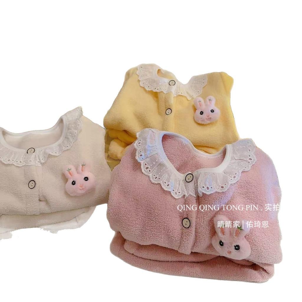 [Warm Winter] Kids Lace Homewear Two-Piece Set Girls Round Neck Casual Pajamas