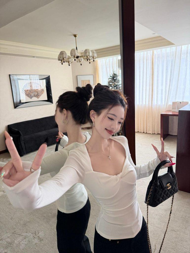 Chic Winter Women's Square Neck Slimming Knot Waist Long Sleeve Top