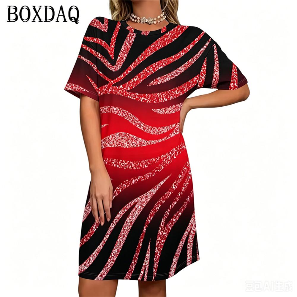 Women's New Summer Round Neck Short Sleeved Loose Gradient Striped Printed A-line Dress