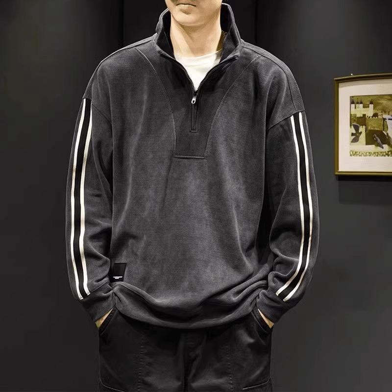 Half-zipper stand-up collar soft wrinkle men's street sports casual breathable loose fashion trend comfortable long-sleeved shirt