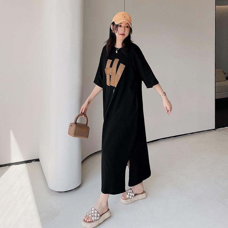 Summer new Korean version printed large t-shirt women's medium and long knee loose large size lazy split dress long dress