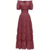 Women's Solid Color Short Sleeve Boat Neck Waist Medieval Retro Long Plus Size Dress