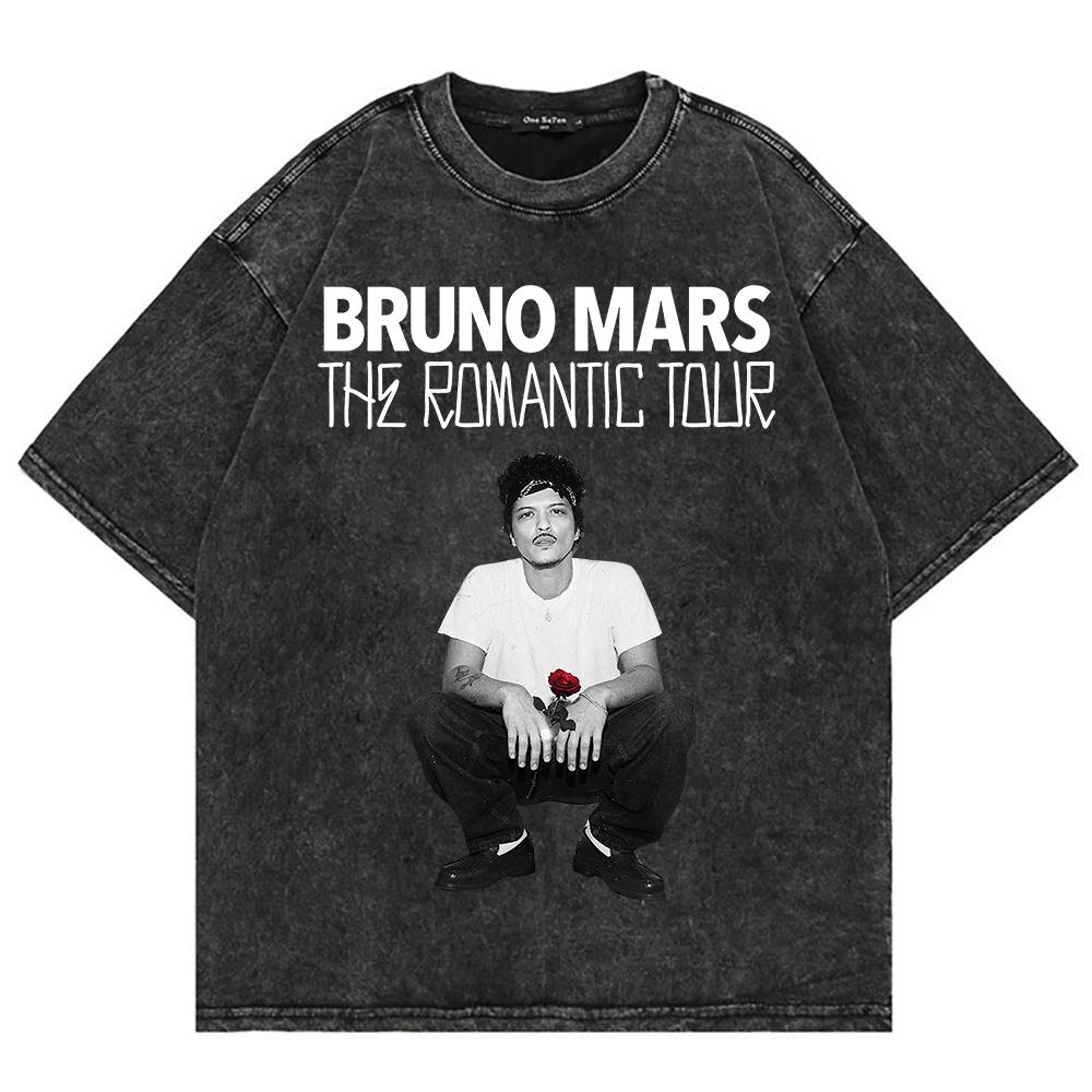 100% Cotone Lavaggio Vintage Bruno Mars The Romantic Tour 2026 Maglietta Moda Uomo/Donna Retro Oversize Larga Acid Wash T-shirt