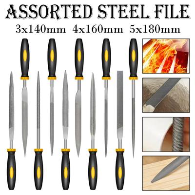 10pcs Needle File Set - Bearing Steel Files with Non-Slips Ergonomic Handles for Precise Filing On Wood 3x140mm/4x160mm/5x180mm