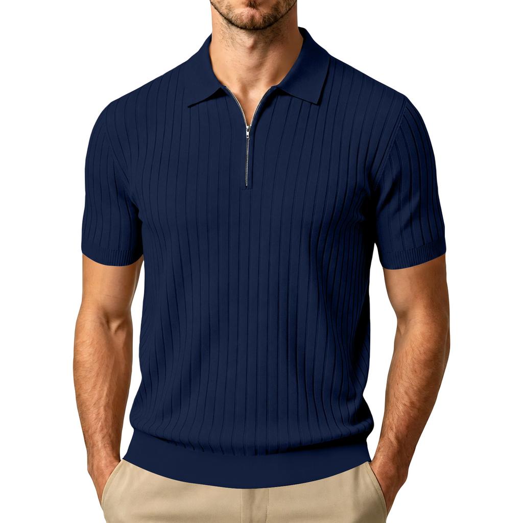 Men's Summer Short Sleeve Polo Shirt Ribbed Knit Half Zip Collar Casual Lightweight Breathable Pullover Top for Everyday Wear