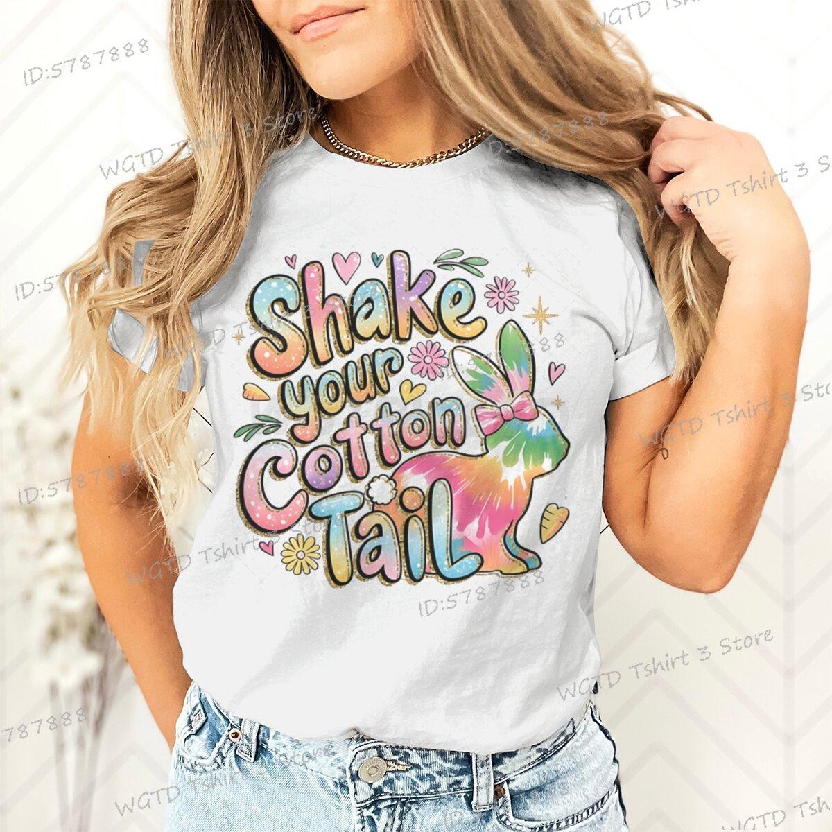 Shake Your Cotton Tail Graphic T Shirts Women Glitter Easter Bunny Short Sleeve Tshirt Happy Easter Gift Colorful Casual Tops S