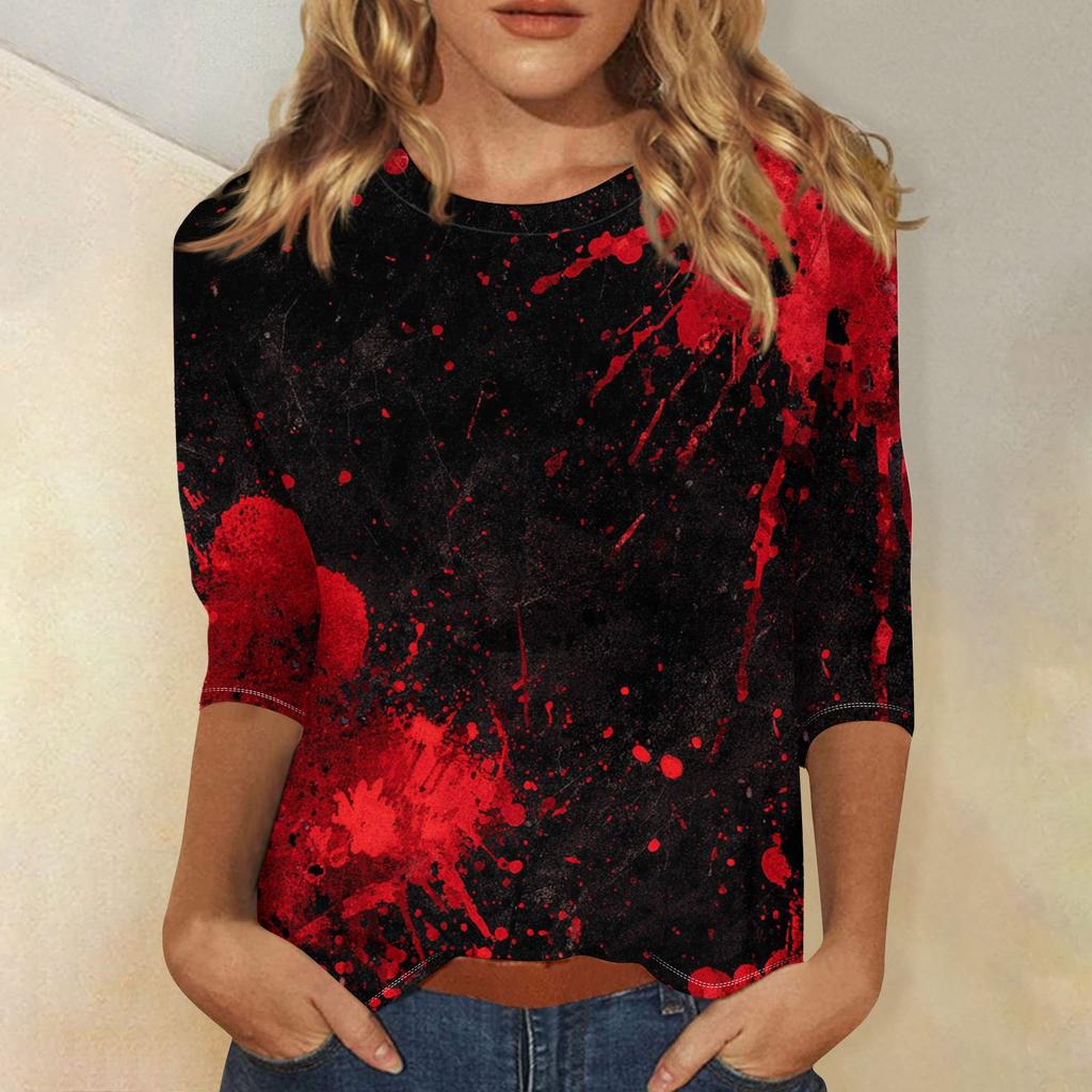 Women's Fashion Casual Three-quarter Sleeve Halloween Printed Round Neck Top