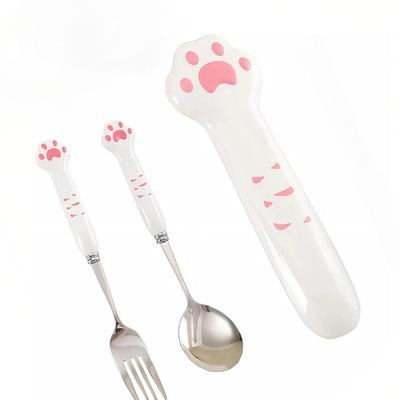 Cute Cat Paw Cutlery Set Portable Flatware Stainless Steel Travel Fork Spoon with Storage Box Lunch Bento Accessories