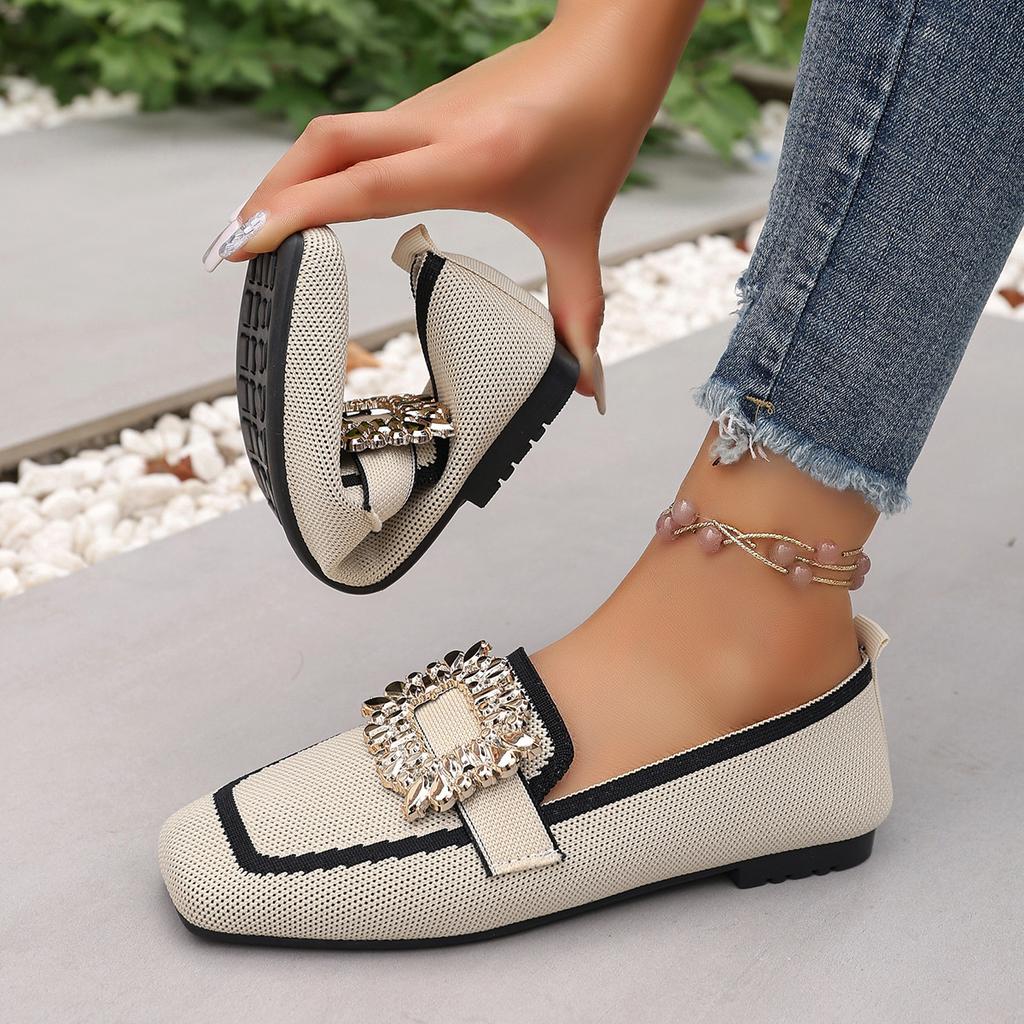 Ladies' Casual Square Toe Flat Shoes with Crystal Buckle Decoration, Breathable Fabric for One Foot Shoes, Rubber Sole, Suitable for All Seasons
